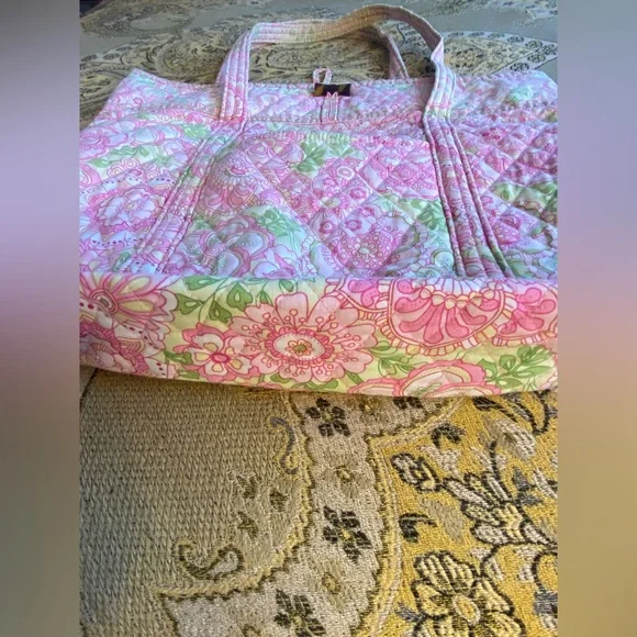 Large Vera Bradley Tote Green & Pink Floral with Green Leopard 🐆 Print - Picture 6 of 13